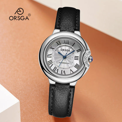 Rosy - Đồng hồ nữ ORSGA mặt tròn đính đá Cao Cấp