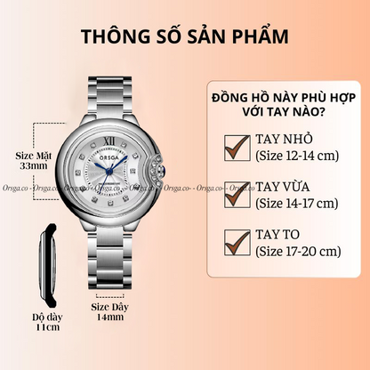 Uriel D - Đồng hồ nữ ORSGA dây kim loại mặt tròn Cao Cấp